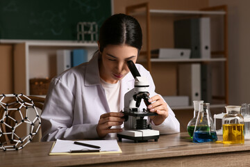 Female inventor looking through microscope at table in laboratory
