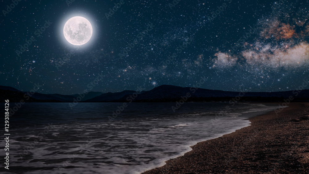 Canvas Prints a movement of stars in the night sky with the view of mountains..