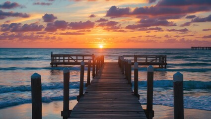 Obraz premium Serene Sunset Over Tropical Beach Pier with Vibrant Skies and Gentle Waves Reflecting the Colors of Dusk