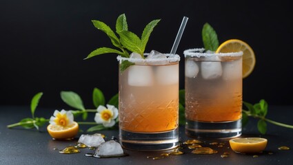 Fototapeta premium Refreshing Spring Cocktail Garnished with Mint and Citrus on Dark Background