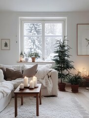 A cozy and warm living room scene with wintery views