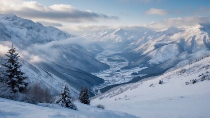 Majestic Snowy Mountain Landscape with Serene Valleys Under Cloudy Winter Sky