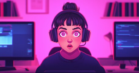 Surprised Female Programmer With Headphones in Neon Light Setting