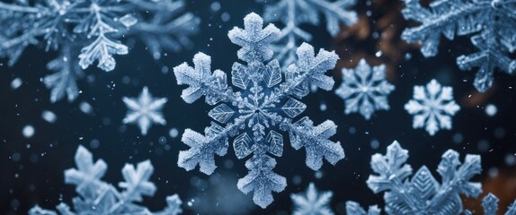 Close-up of delicate snowflakes with intricate patterns on a blurred dark background, creating a serene winter atmosphere.