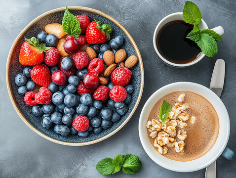 Food photo: appetizing breakfast with berries, well-lit promotional shot.