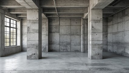 Industrial concrete interior with large windows and columns suitable for modern architecture and design backgrounds or wallpapers.