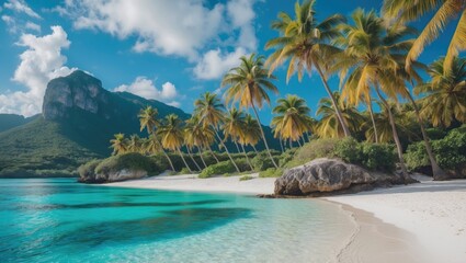 Tranquil Tropical Bay with Lush Palm Trees and Soft White Sand Beach Under Clear Blue Skies and Turquoise Lagoon Waters.