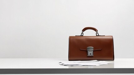Executive departures with a briefcase and papers left on the desk. Featuring leadership transition and career change