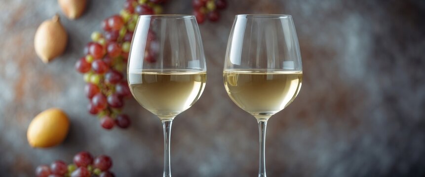 Two Elegant Glasses of White Wine Surrounded by Grapes and Lemons on a Rustic Background with Copy Space for Text or Branding