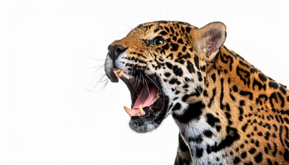 Naklejka premium Fierce Roaring Jaguar on White Backdrop Majestic Predator Showcasing Power and Vigor in a Stark Environment