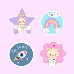 Great job stickers set illustration. Kids motivation phrase stickers with cute animal illustration. Suitable for flat design illustration, clip art, stickers.