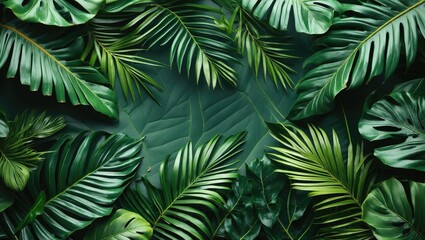 Lush tropical green leaves overlapping for a vibrant textured natural background ideal for botanical or tropical-themed designs.