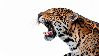 Obraz premium Powerful Jaguar Showing Intense Roar Against A Pure White Canvas, Capturing the Majesty and Wild Energy of this Feline King in Full Glory.