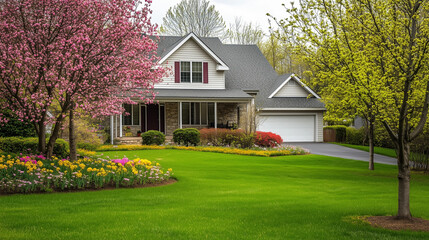 Springtime home surrounded by lush greenery and blooming trees, embodying serene natural beauty.