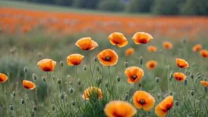 Obraz premium Vibrant Poppy Field Under Soft Light With Ample Copy Space For Text Placement