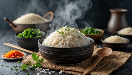 Delicious steam cooked rice with garnishments presented in rustic bowls creating a cozy culinary atmosphere on a dark textured background.