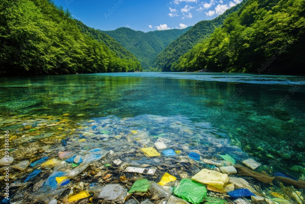 Poster Highlighting the stark contrast between a polluted river filled with trash and a pristine crystal clear water stream. Generative AI