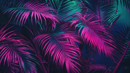 Vibrant Tropical Palm Leaves with Neon Glow and Text Space for Creative Design or Background Use