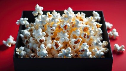 Delicious popcorn overflowing in a black container against a vibrant red background ideal for...