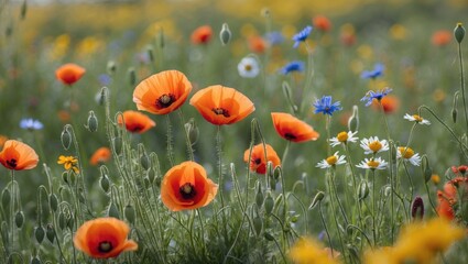 Obraz premium Vibrant wildflower field featuring blooming poppies and cornflowers under a sunny sky creating a picturesque natural landscape.