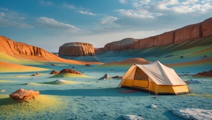 Naklejka premium Vibrant Lunar Landscape With Unique Rock Colors And A Tent Set For Camping Perfect For Adventure Travel And Outdoor Relaxation