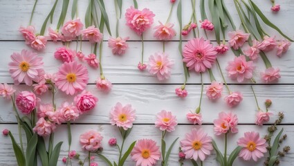 Pink Flowers Arrangement on White Wooden Surface with Green Leaves Top View Floral Flat Lay for Spring and Wedding Background