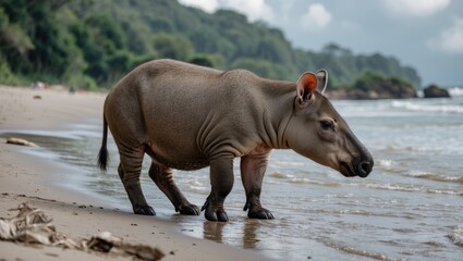 Obraz premium South American Tapir Walking Along Beach Shoreline Under Cloudy Sky With Space For Text or Graphic Overlay