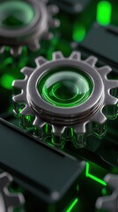 Fototapeta premium Close-up of metal gears with green lighting, showcasing intricate mechanical design.