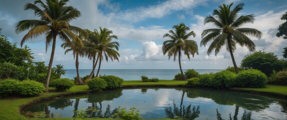 Obraz premium Serene Pond Surrounded By Lush Palm Trees Overlooking Tranquil Sea Under Scenic Cloudy Sky In Tropical Paradise.