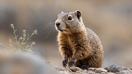 Fototapeta premium Steppe Marmot in natural habitat showcasing its characteristic features and behavior amidst rocks and vegetation.