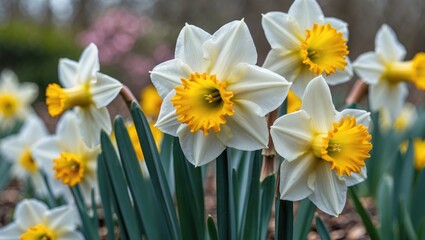 Daffodil Flowers Blooming In A Garden Capturing The Beauty Of Springtime With Bright Yellow Centers And Lush Green Foliage.