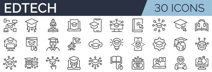 Set of 30 outline icons related to education technology. Linear icon collection. Editable stroke. Vector illustration