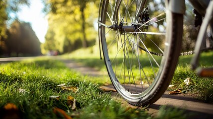 Bicycle wheel on a grassy path, symbolizing journey and exploration.