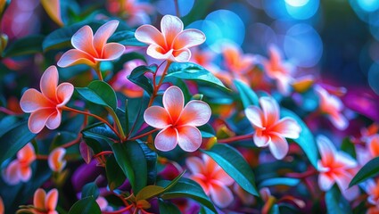 Naklejka premium Vibrant Plumeria Pudica flowers in bloom surrounded by lush green leaves creating a tropical paradise atmosphere