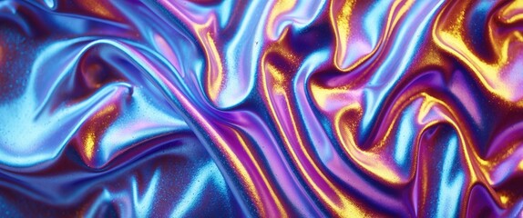 Vibrant flowing fabric with metallic sheen showcasing rich colors of blue, purple, and gold in an abstract texture design.