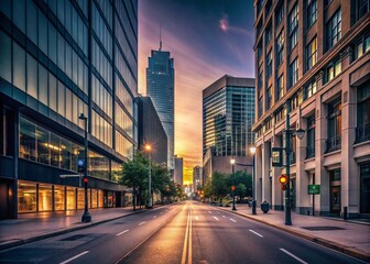 Obraz premium Minimalist Cityscape: Pre-Dawn Downtown Glow