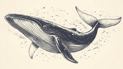 Fototapeta premium A classic engraving of a humpback whale and a wild cachalot with a background line, set against a contemporary artistic depiction of a giant dolphin