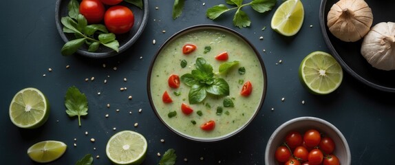 Fresh Green Gazpacho Soup Surrounded By Ingredients On A Dark Background With Empty Space For Culinary Text And Recipe Ideas