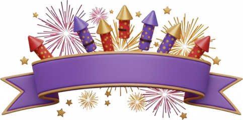 Festive Fireworks and Purple Ribbon Banner for Celebration Design