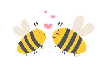 Two bees in love isolated on white background. Vector hand drawn illustration in flat style. Vector clipart.