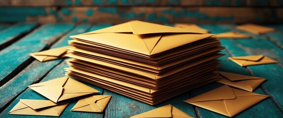 Obraz premium Stack of brown envelopes on a rustic wooden table, showcasing organized stationery for correspondence or creative projects.