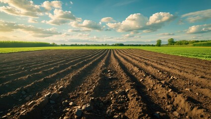 Plowed agricultural land with rich soil ready for planting under a vibrant sky and scattered clouds in a rural landscape