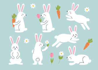 Easter bunnies set. Concept of Easter, spring, holiday. Vector hand drawn cliparts.