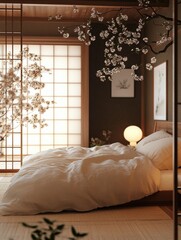 The Blossoming Cherry Branch Inside A Serene Bedroom Setting