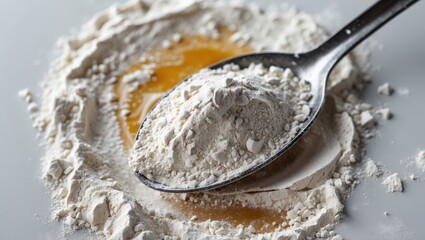 Spoonful of flour and egg yolk on a white background showcasing essential pastry ingredients for baking and culinary creations.