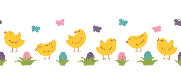 Easter concept background with chickens, Easter eggs and butterflies on white background. Vector hand drawn banner.