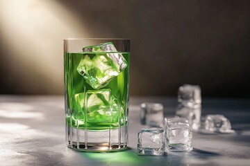 Refreshing Green Cocktail Sparkles With Ice in a Tranquil Setting at Sunset. Generative AI