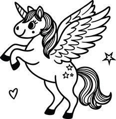 Cute cartoon unicorn Pegasus vector illustration line art silhouette