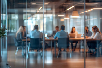 Abstract blur image of Business people walking at modern hallway with bokeh for background usage