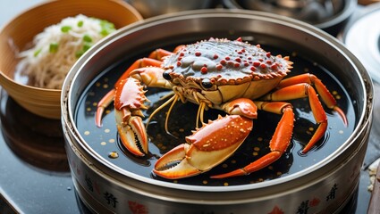 Steamed Hairy Crab served with traditional garnishes and noodles on a wooden table, showcasing vibrant colors and culinary elegance.